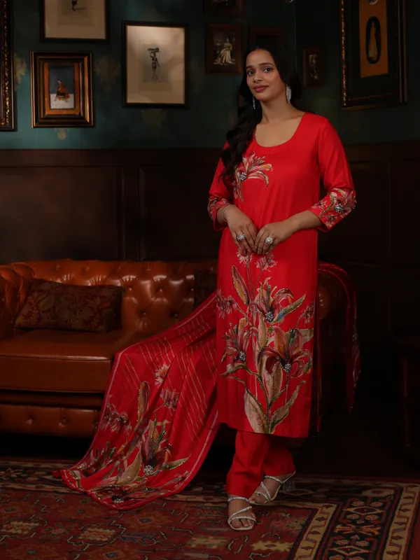 Red_Cotton_Hand_Embroidered_Front_Sleeves_Kurta_Set_With_Dupatta_For_Women