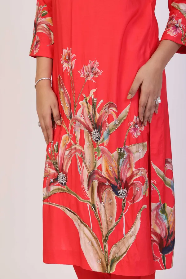 Red_Cotton_Hand_Embroidered_Front_Sleeves_Kurta_Set_With_Dupatta_For_Women