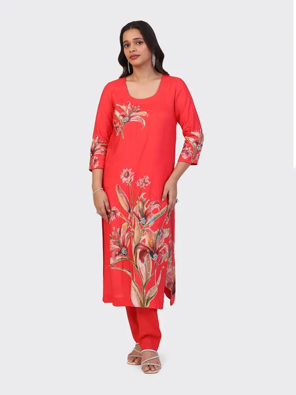 Red_Cotton_Hand_Embroidered_Front_Sleeves_Kurta_Set_With_Dupatta_For_Women