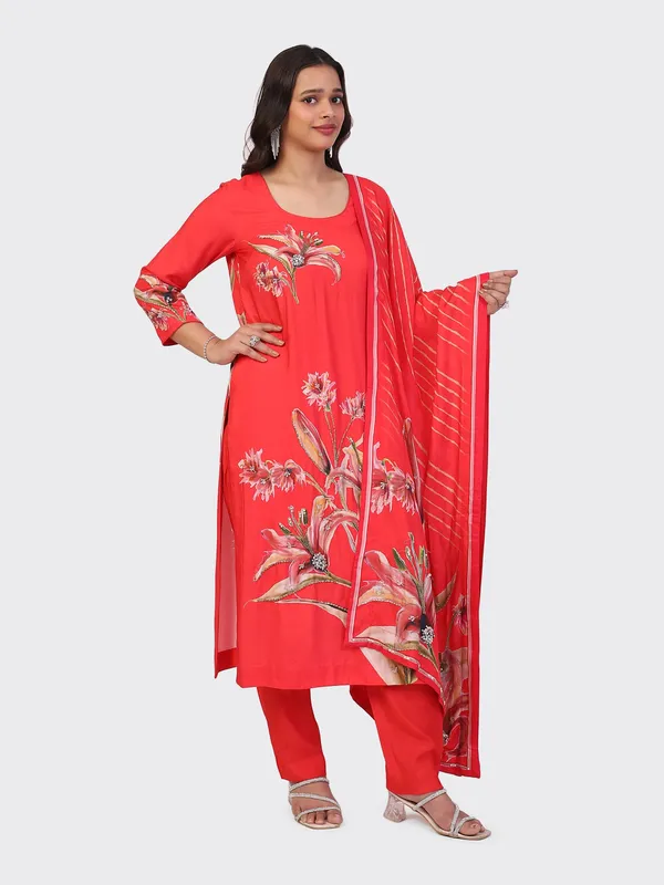 Red_Cotton_Hand_Embroidered_Front_Sleeves_Kurta_Set_With_Dupatta_For_Women