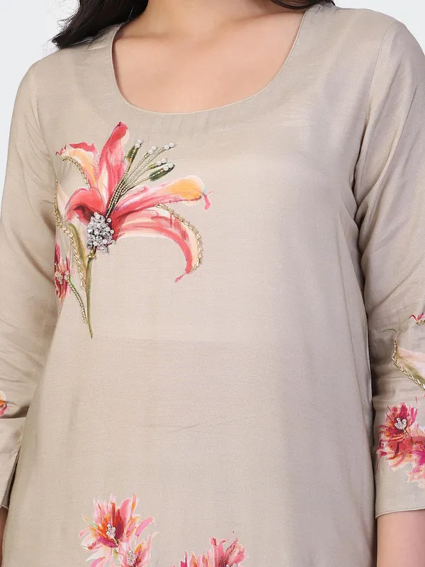 Beige_Cotton_Hand_Embroidered_Front_Sleeves_Kurta_Set_With_Dupatta_For_Women
