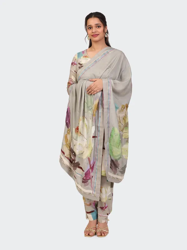 Grey_And_Beige_Cotton_Hand_Embroidered_Front_Sleeves_Kurta_Set_With_Dupatta_For_Women