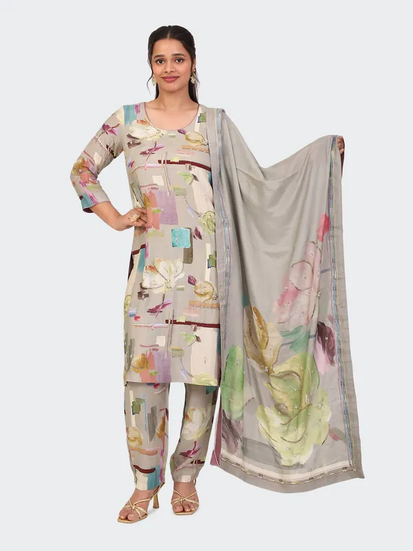 Grey_And_Beige_Cotton_Hand_Embroidered_Front_Sleeves_Kurta_Set_With_Dupatta_For_Women