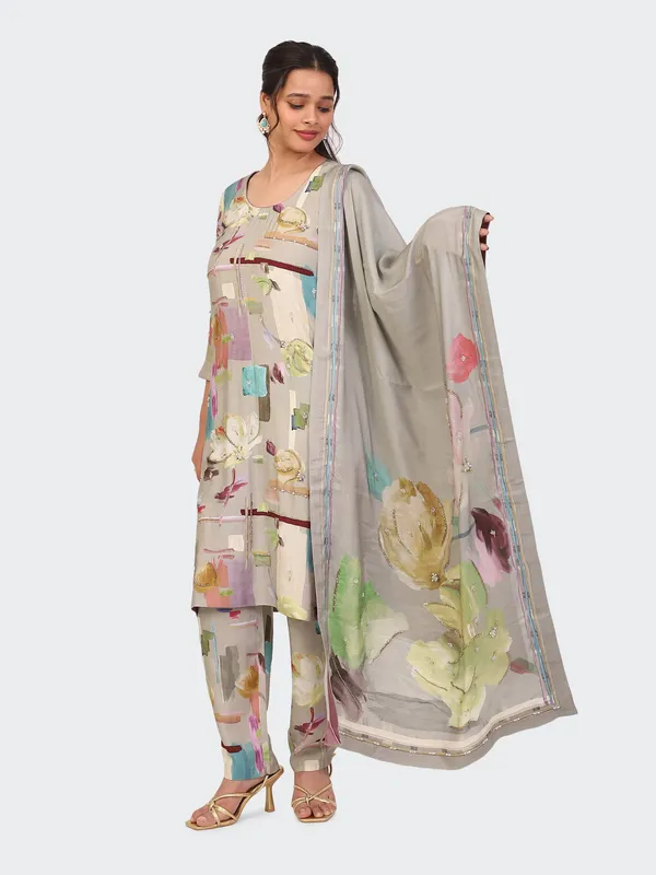 Grey_And_Beige_Cotton_Hand_Embroidered_Front_Sleeves_Kurta_Set_With_Dupatta_For_Women
