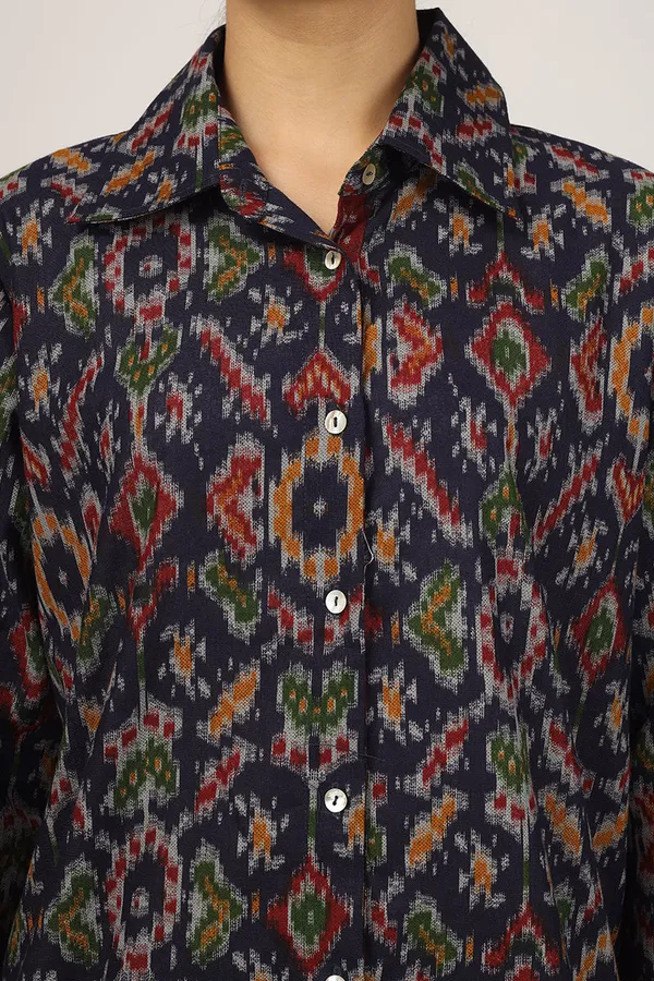 Black_Cotton_Blue_Ikat_Long_Shirt_Pyjama_Set_For_Women