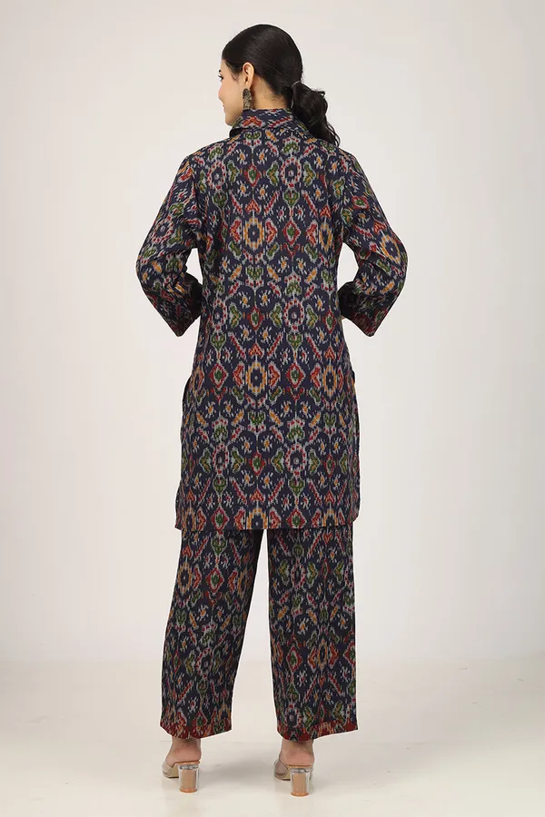 Black_Cotton_Blue_Ikat_Long_Shirt_Pyjama_Set_For_Women