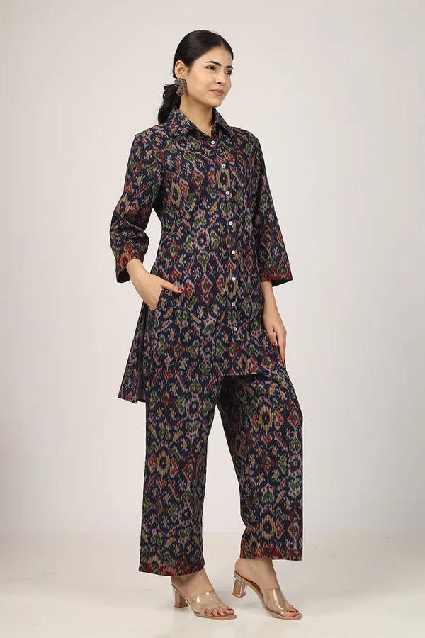 Black_Cotton_Blue_Ikat_Long_Shirt_Pyjama_Set_For_Women