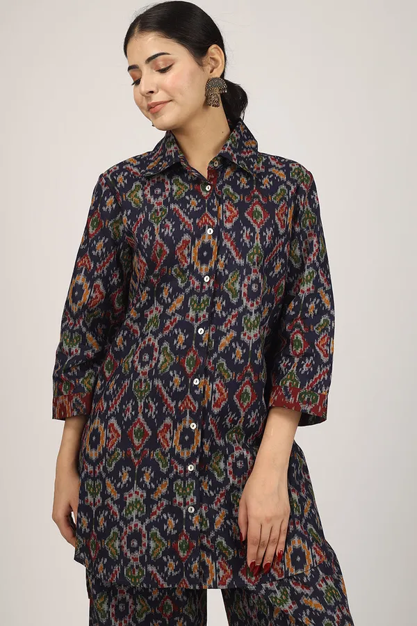 Black_Cotton_Blue_Ikat_Long_Shirt_Pyjama_Set_For_Women