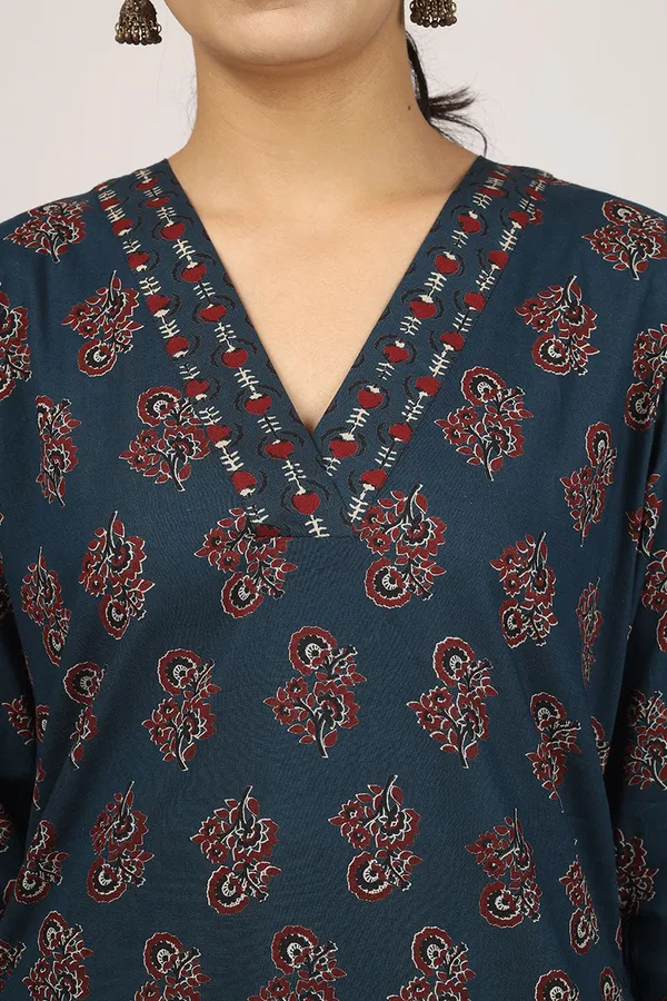 Navy_Blue_Cotton_Floral_Kurta_Pyjama_Set_For_Men