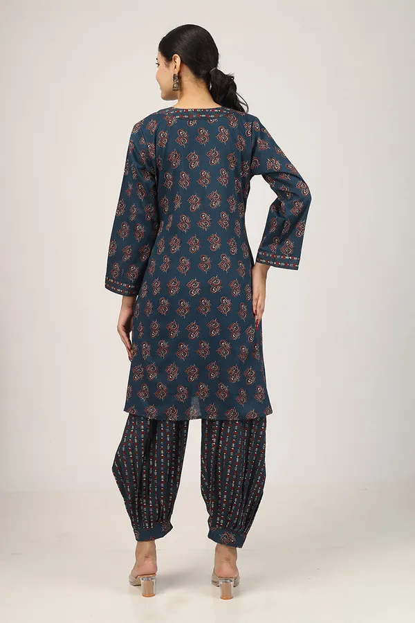 Navy_Blue_Cotton_Floral_Kurta_Pyjama_Set_For_Men