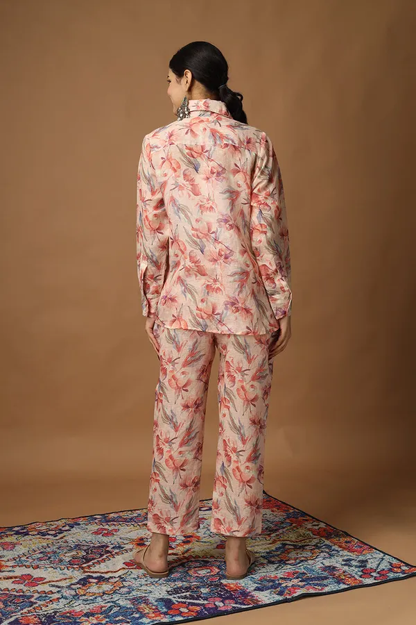 White_And_Orange_Linen_Floral_Shirt_Pant_Set_For_Women