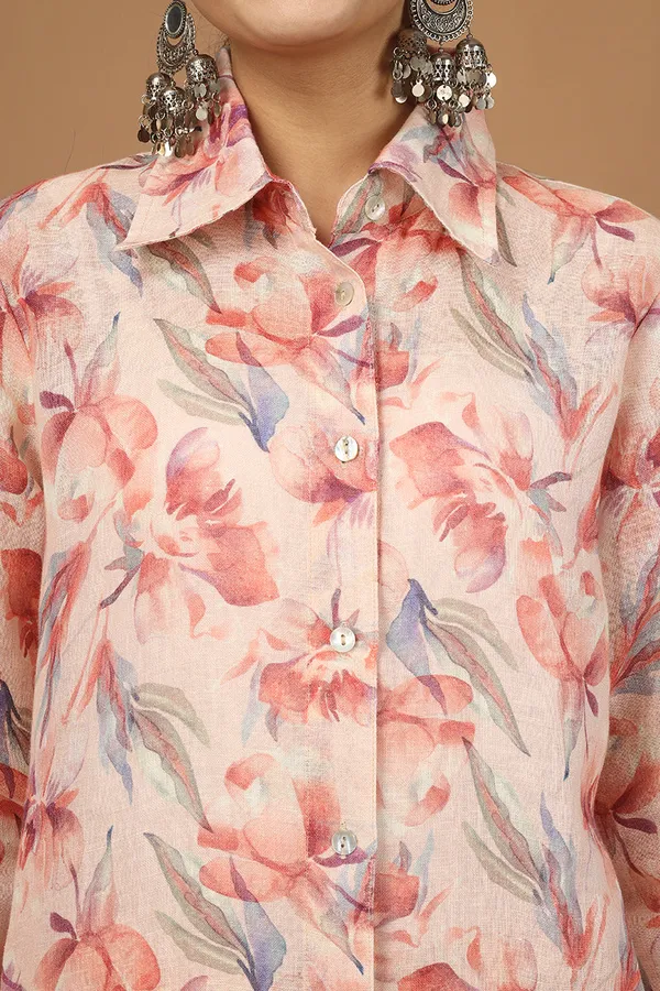 White_And_Orange_Linen_Floral_Shirt_Pant_Set_For_Women