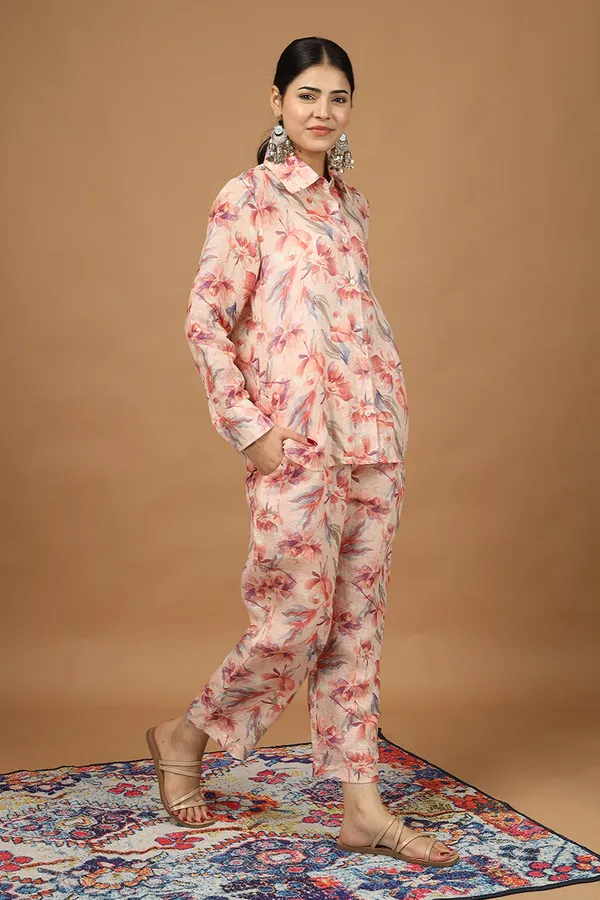 White_And_Orange_Linen_Floral_Shirt_Pant_Set_For_Women