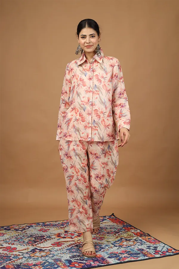 White_And_Orange_Linen_Floral_Shirt_Pant_Set_For_Women