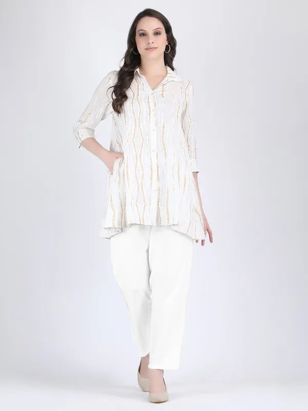 White_Cotton_Gold_Pattern_A_Line_Tunic_Short_Dress_For_Women
