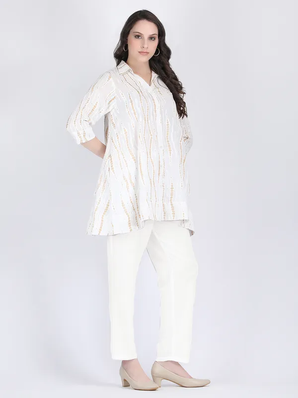 White_Cotton_Gold_Pattern_A_Line_Tunic_Short_Dress_For_Women