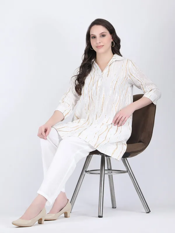 White_Cotton_Gold_Pattern_A_Line_Tunic_Short_Dress_For_Women
