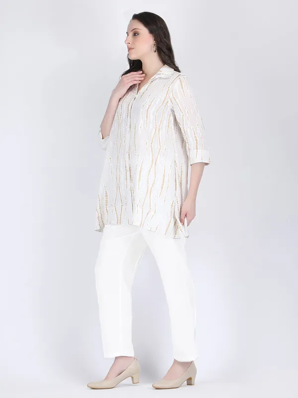 White_Cotton_Gold_Pattern_A_Line_Tunic_Short_Dress_For_Women