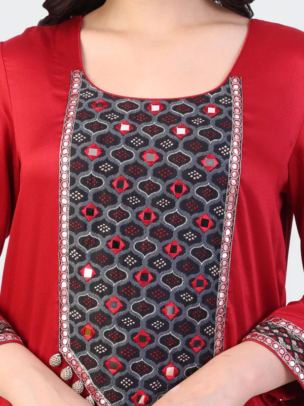 Red_And_Black_Cotton_Maroon_Hand_Embroidered_Sleeves_Kurta_Set_With_Dupatta_For_Women