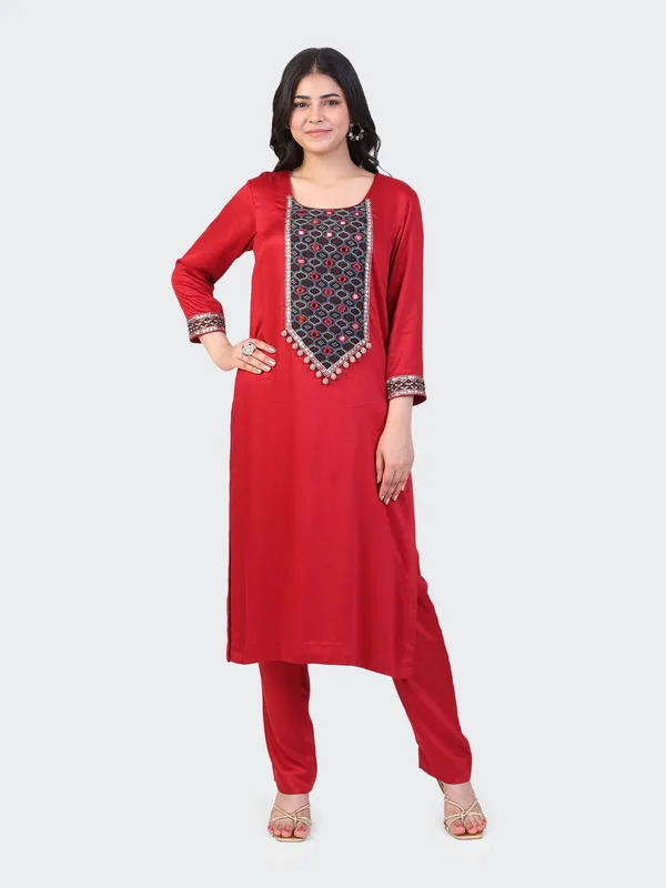 Red_And_Black_Cotton_Maroon_Hand_Embroidered_Sleeves_Kurta_Set_With_Dupatta_For_Women
