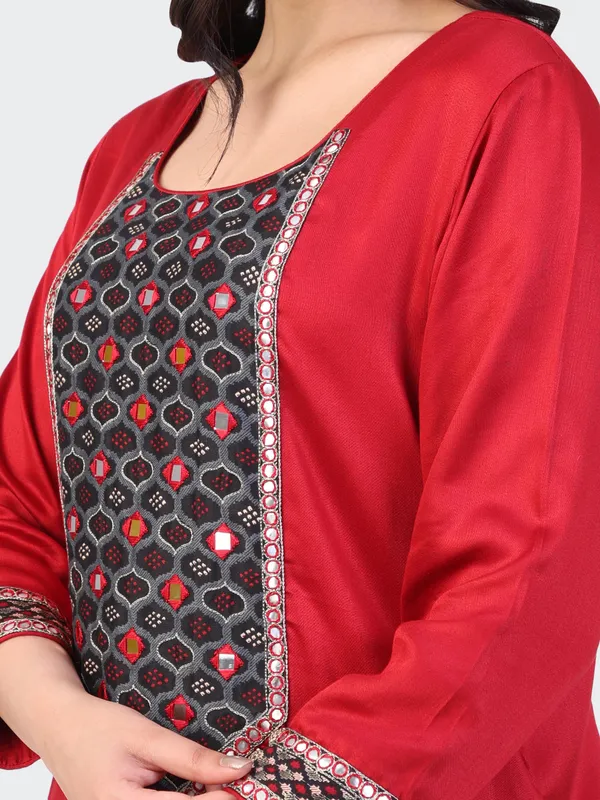 Red_And_Black_Cotton_Maroon_Hand_Embroidered_Sleeves_Kurta_Set_With_Dupatta_For_Women