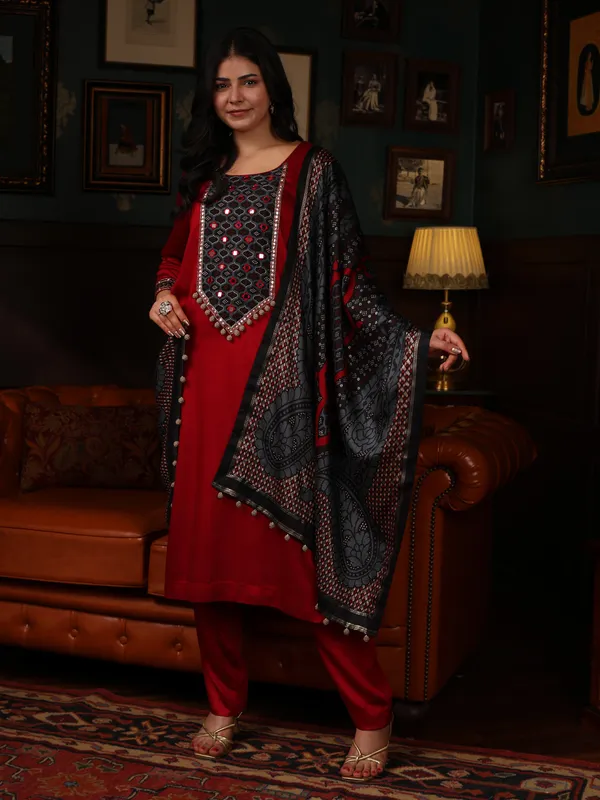 Red_And_Black_Cotton_Maroon_Hand_Embroidered_Sleeves_Kurta_Set_With_Dupatta_For_Women