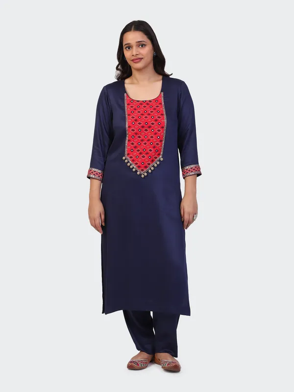 Blue_And_Red_Cotton_Navy_Hand_Embroidered_Sleeves_Kurta_Set_With_Dupatta_For_Women