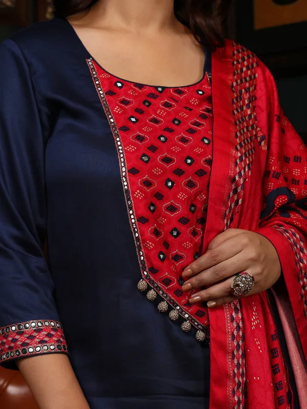 Blue_And_Red_Cotton_Navy_Hand_Embroidered_Sleeves_Kurta_Set_With_Dupatta_For_Women