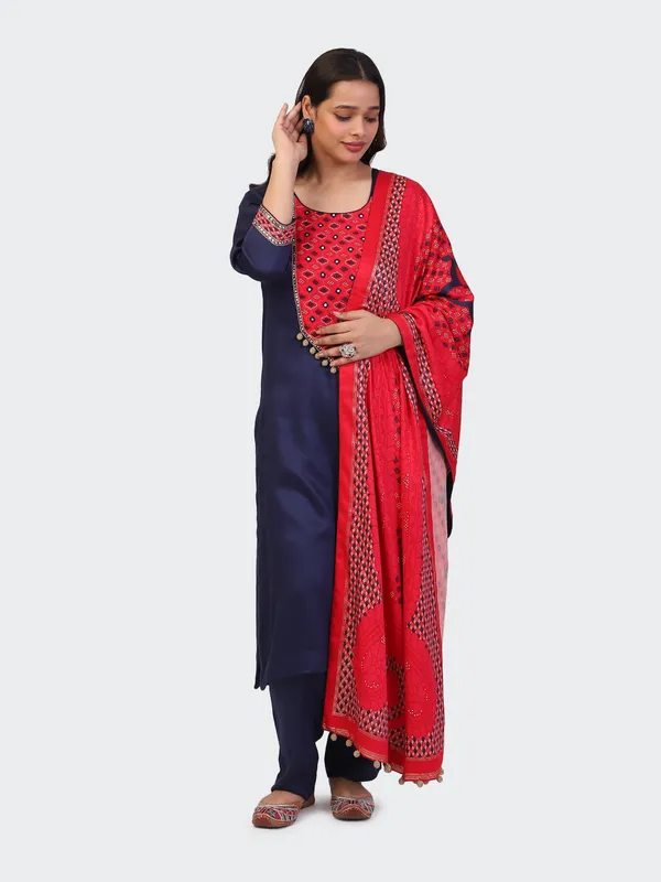 Blue_And_Red_Cotton_Navy_Hand_Embroidered_Sleeves_Kurta_Set_With_Dupatta_For_Women