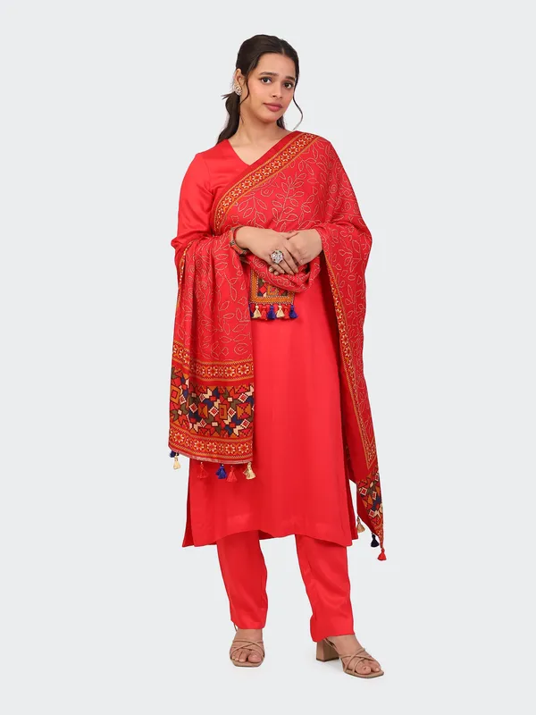 Red_Cotton_Hand_Embroidered_Front_Sleeves_Kurta_Set_With_Dupatta_For_Women