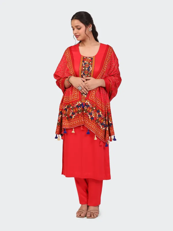 Red_Cotton_Hand_Embroidered_Front_Sleeves_Kurta_Set_With_Dupatta_For_Women