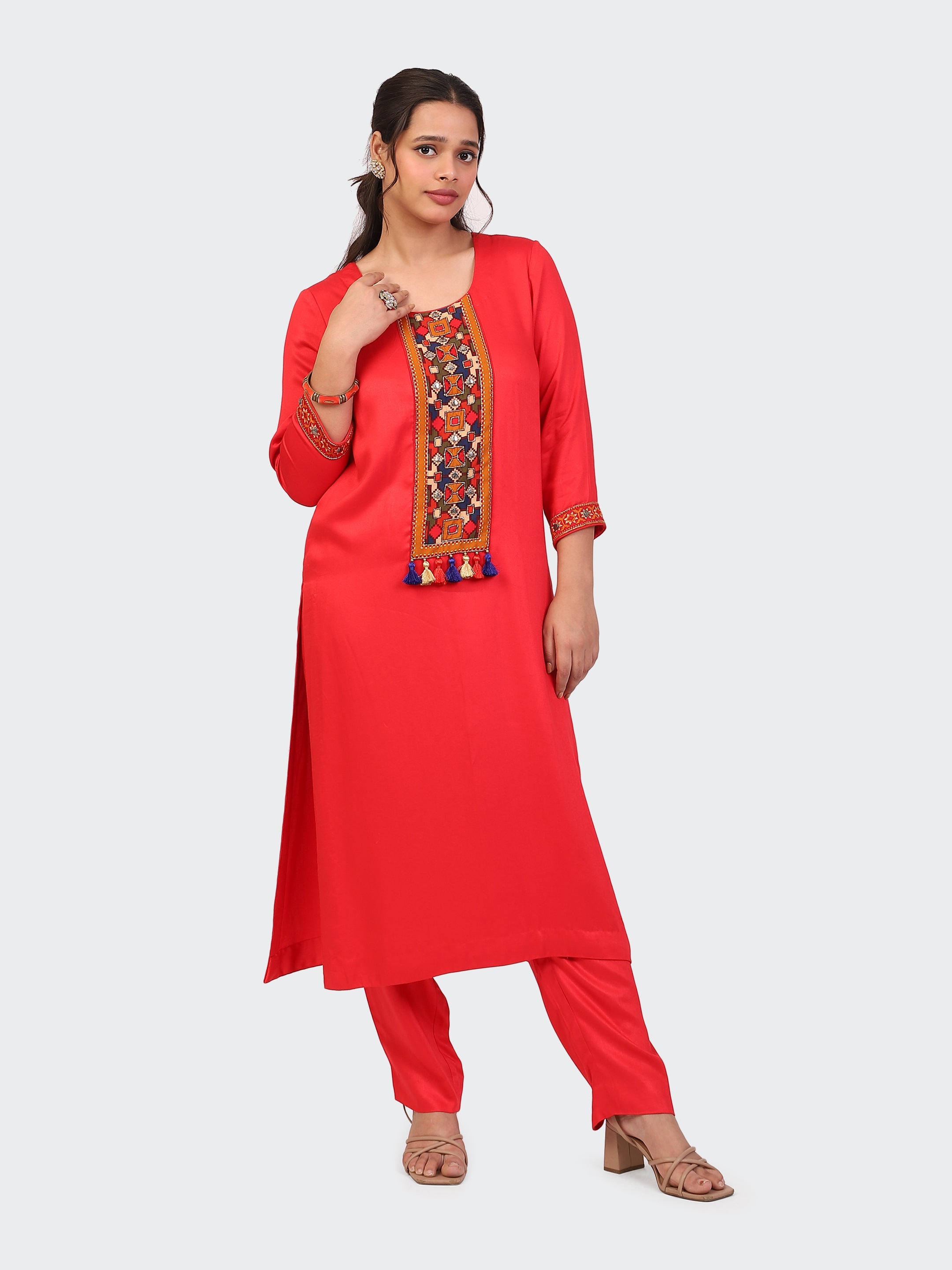 Red_Cotton_Hand_Embroidered_Front_Sleeves_Kurta_Set_With_Dupatta_For_Women