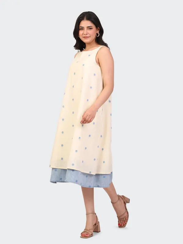 White_Handloom_Cotton_Off_Double_Layer_Dress_For_Women