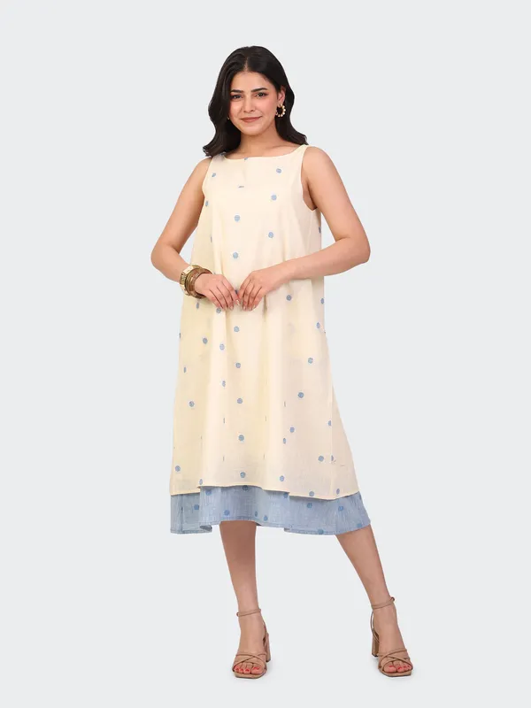 White_Handloom_Cotton_Off_Double_Layer_Dress_For_Women