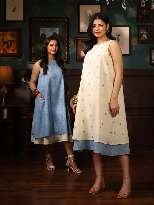 White_Handloom_Cotton_Off_Double_Layer_Dress_For_Women