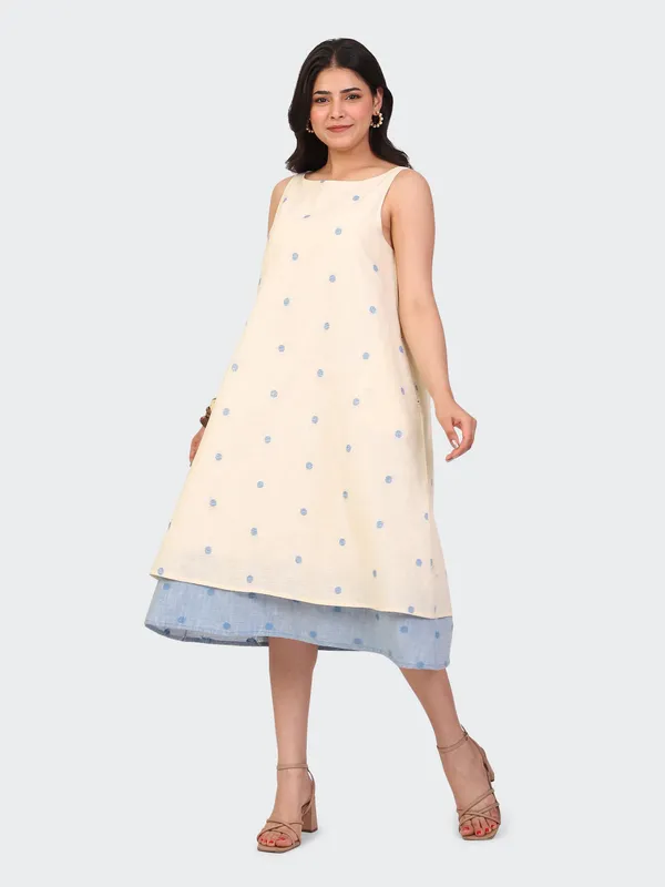 White_Handloom_Cotton_Off_Double_Layer_Dress_For_Women