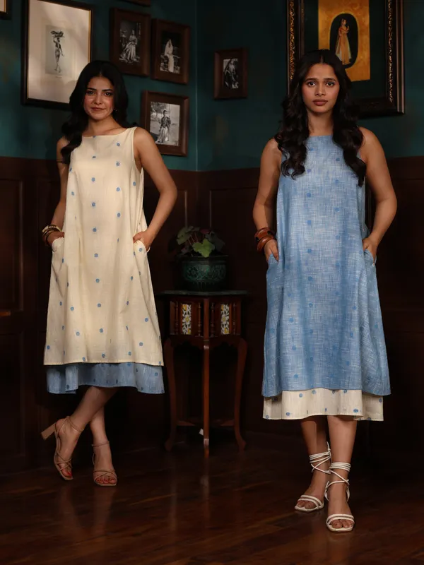 White_Handloom_Cotton_Off_Double_Layer_Dress_For_Women