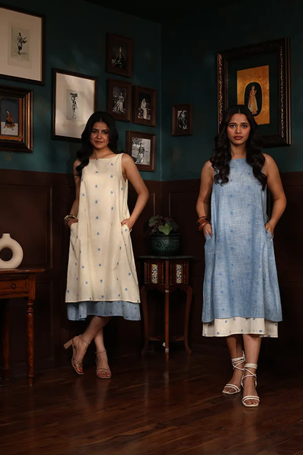 White_Handloom_Cotton_Off_Double_Layer_Dress_For_Women