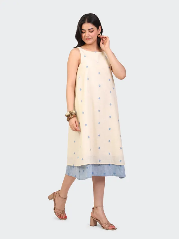 White_Handloom_Cotton_Off_Double_Layer_Dress_For_Women