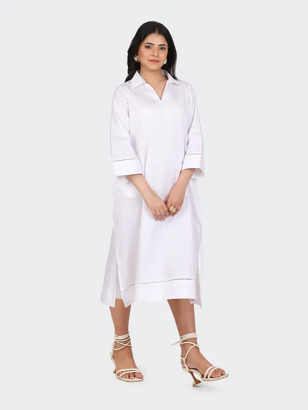 White_Cotton_Lace_Sleeves_Bottom_Collared_Dress_For_Women
