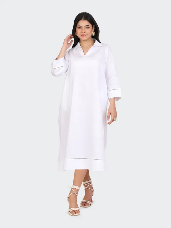 White_Cotton_Lace_Sleeves_Bottom_Collared_Dress_For_Women