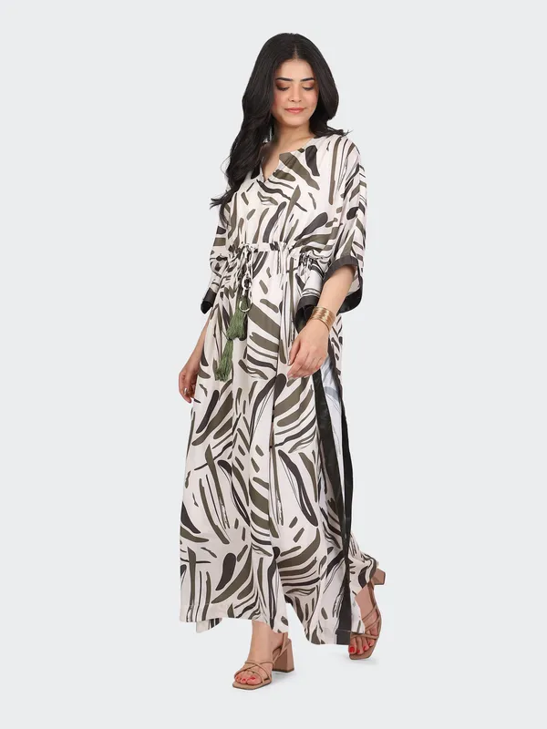 White_And_Brown_Cotton_Green_Waist_String_Tassel_Floor_Length_Kaftan_Dress_For_Women