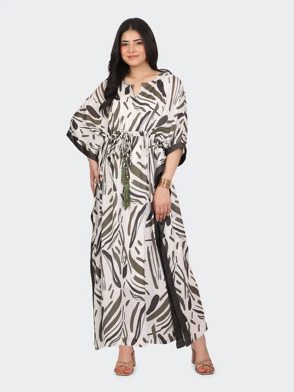 White_And_Brown_Cotton_Green_Waist_String_Tassel_Floor_Length_Kaftan_Dress_For_Women