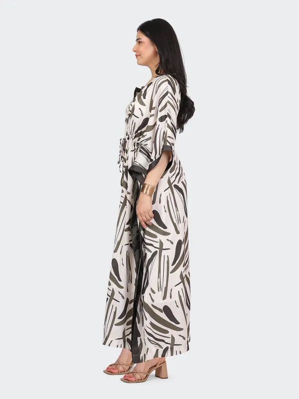 White_And_Brown_Cotton_Green_Waist_String_Tassel_Floor_Length_Kaftan_Dress_For_Women