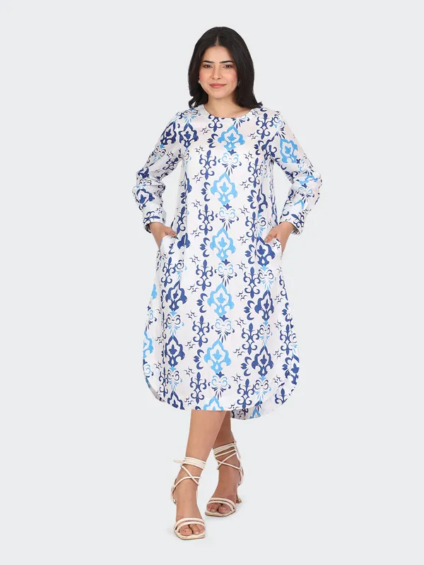 White_Cotton_Blue_Spring_Calf_Length_Dress_For_Women