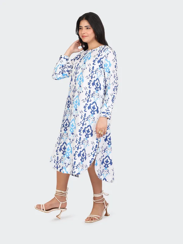 White_Cotton_Blue_Spring_Calf_Length_Dress_For_Women