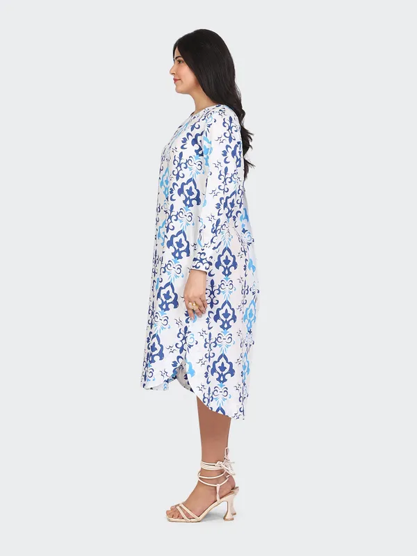 White_Cotton_Blue_Spring_Calf_Length_Dress_For_Women