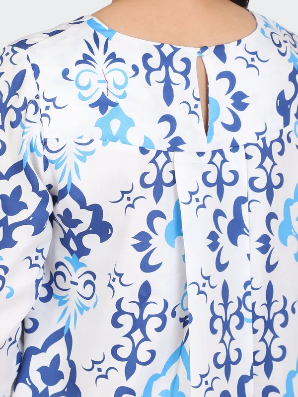 White_Cotton_Blue_Spring_Calf_Length_Dress_For_Women