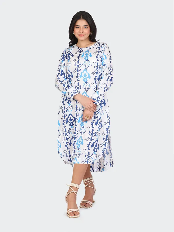 White_Cotton_Blue_Spring_Calf_Length_Dress_For_Women