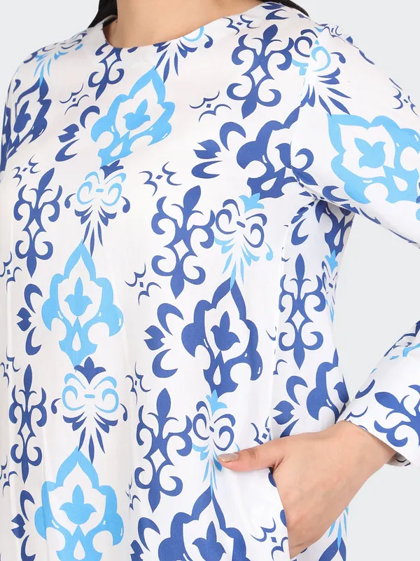 White_Cotton_Blue_Spring_Calf_Length_Dress_For_Women